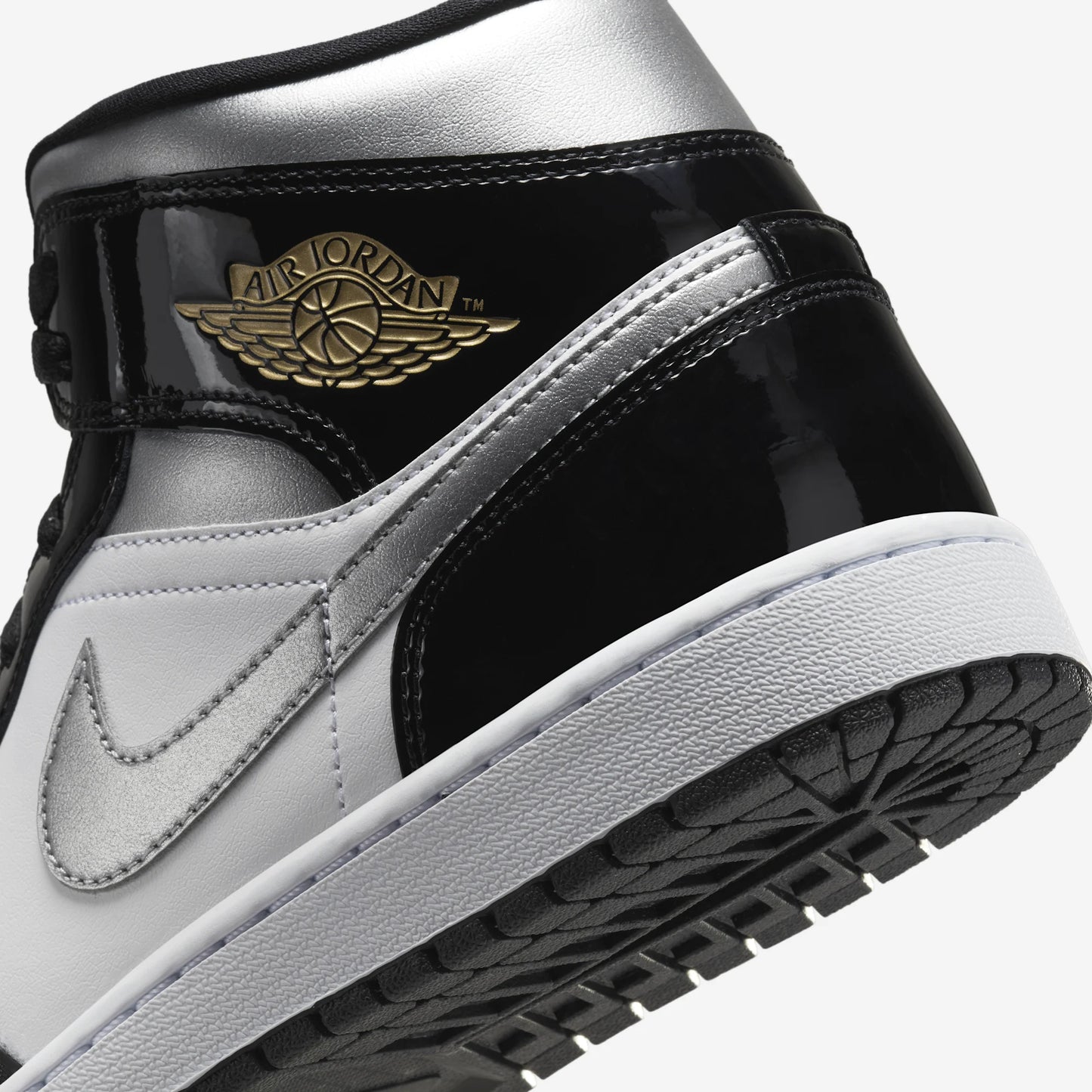Jordan 1 Mid SE Patent Black White Metallic Silver Metallic Gold