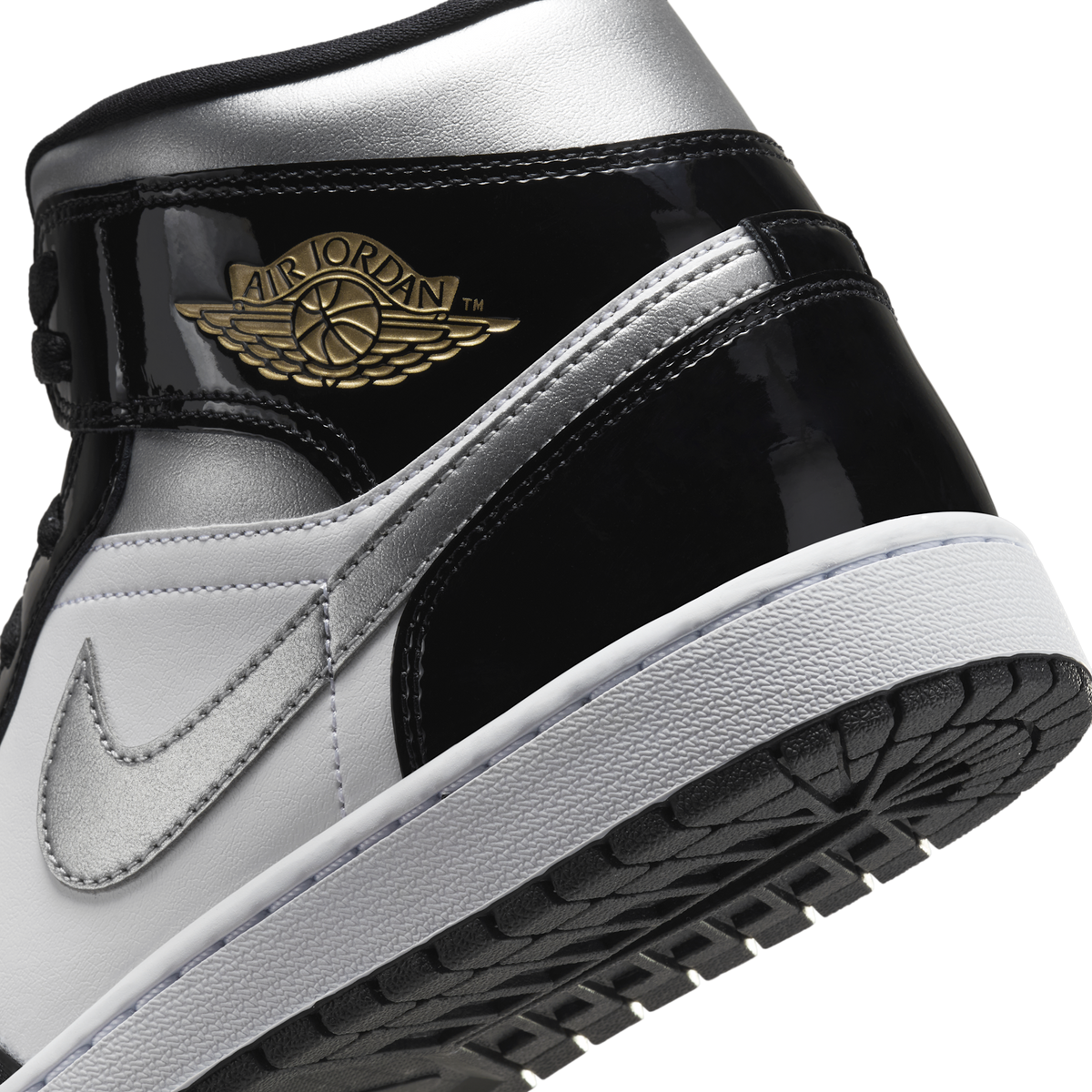 Jordan 1 Mid SE Patent Black White Metallic Silver Metallic Gold