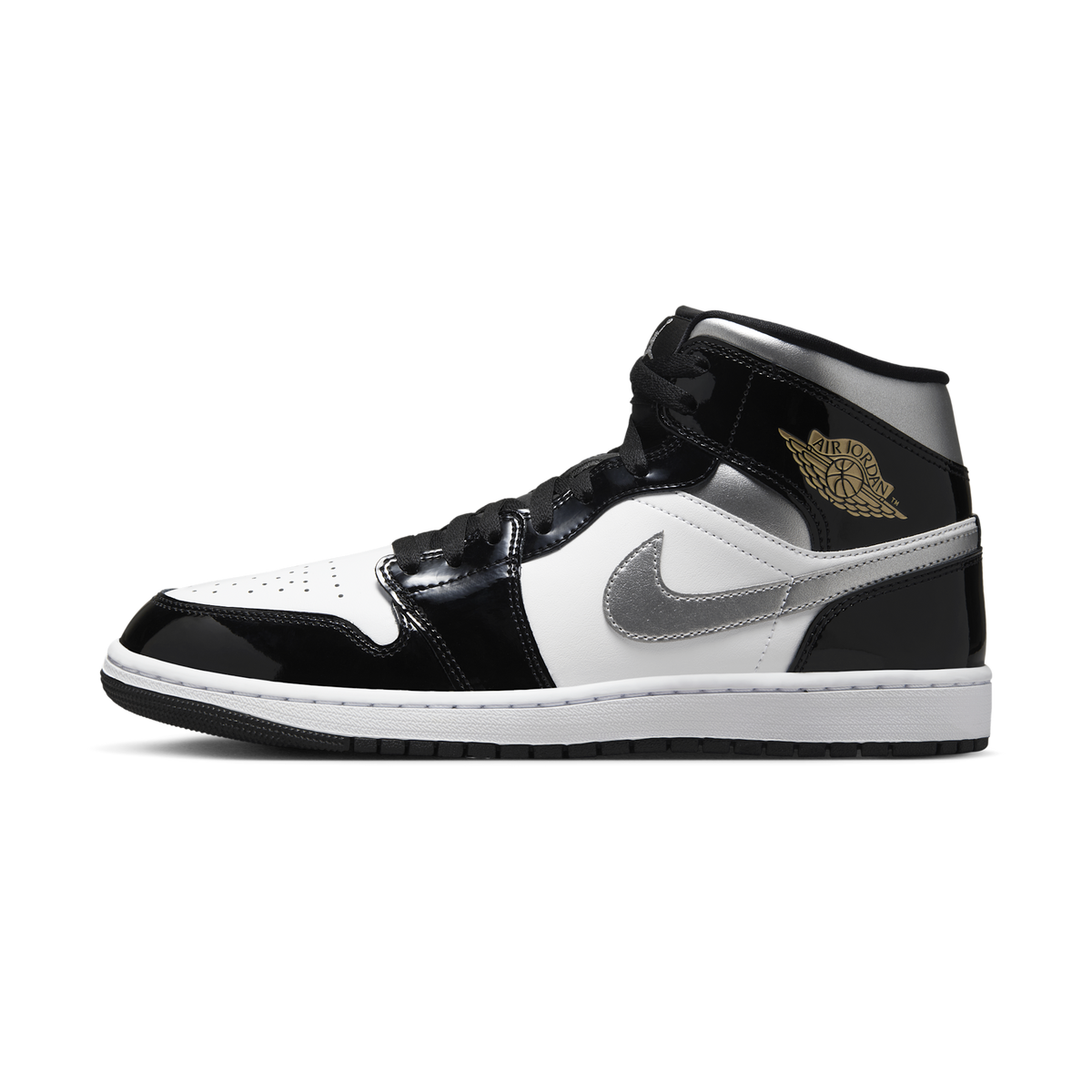 Jordan 1 Mid SE Patent Black White Metallic Silver Metallic Gold