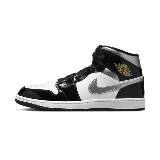 Jordan 1 Mid SE Patent Black White Metallic Silver Metallic Gold