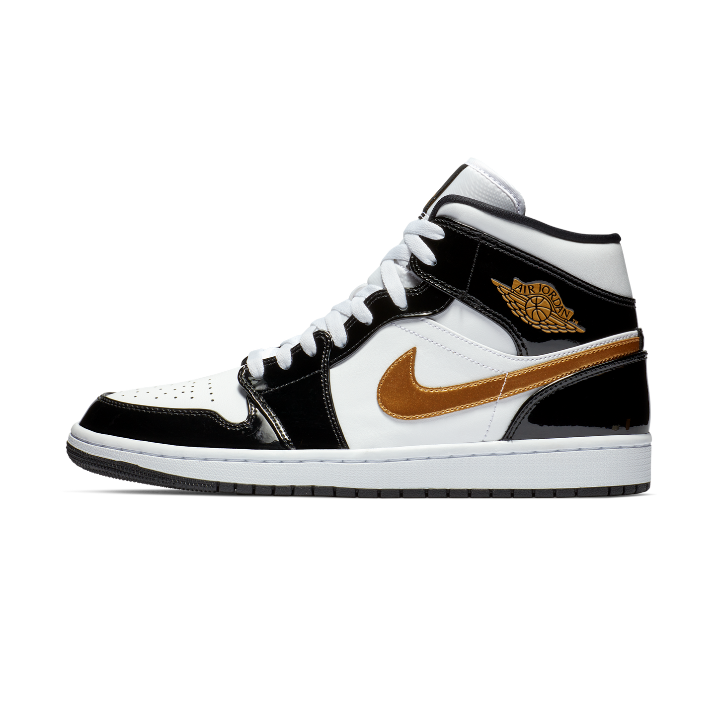 Jordan 1 Mid Patent Black White Gold