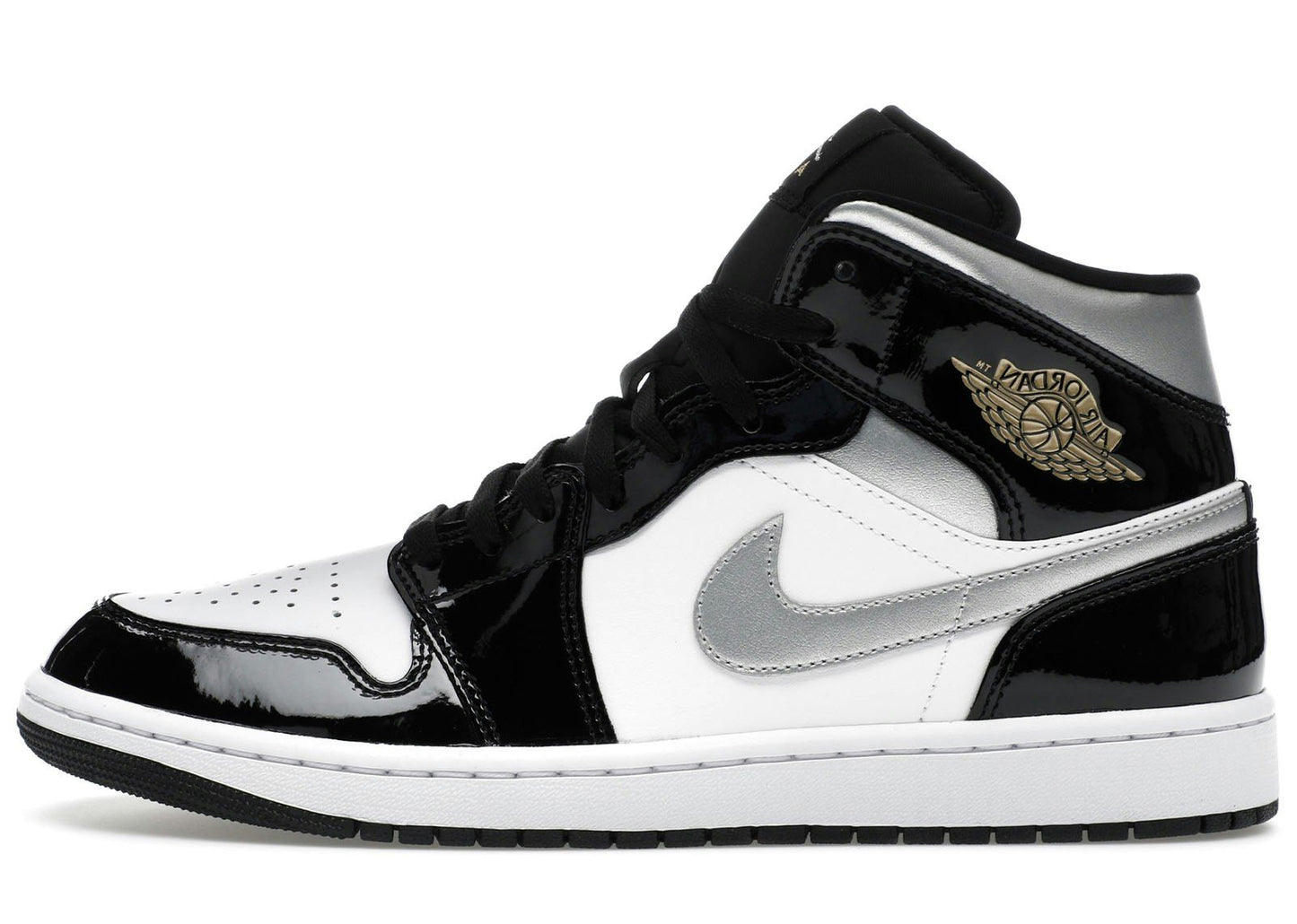 Jordan 1 Mid SE Patent Black White Metallic Silver Metallic Gold