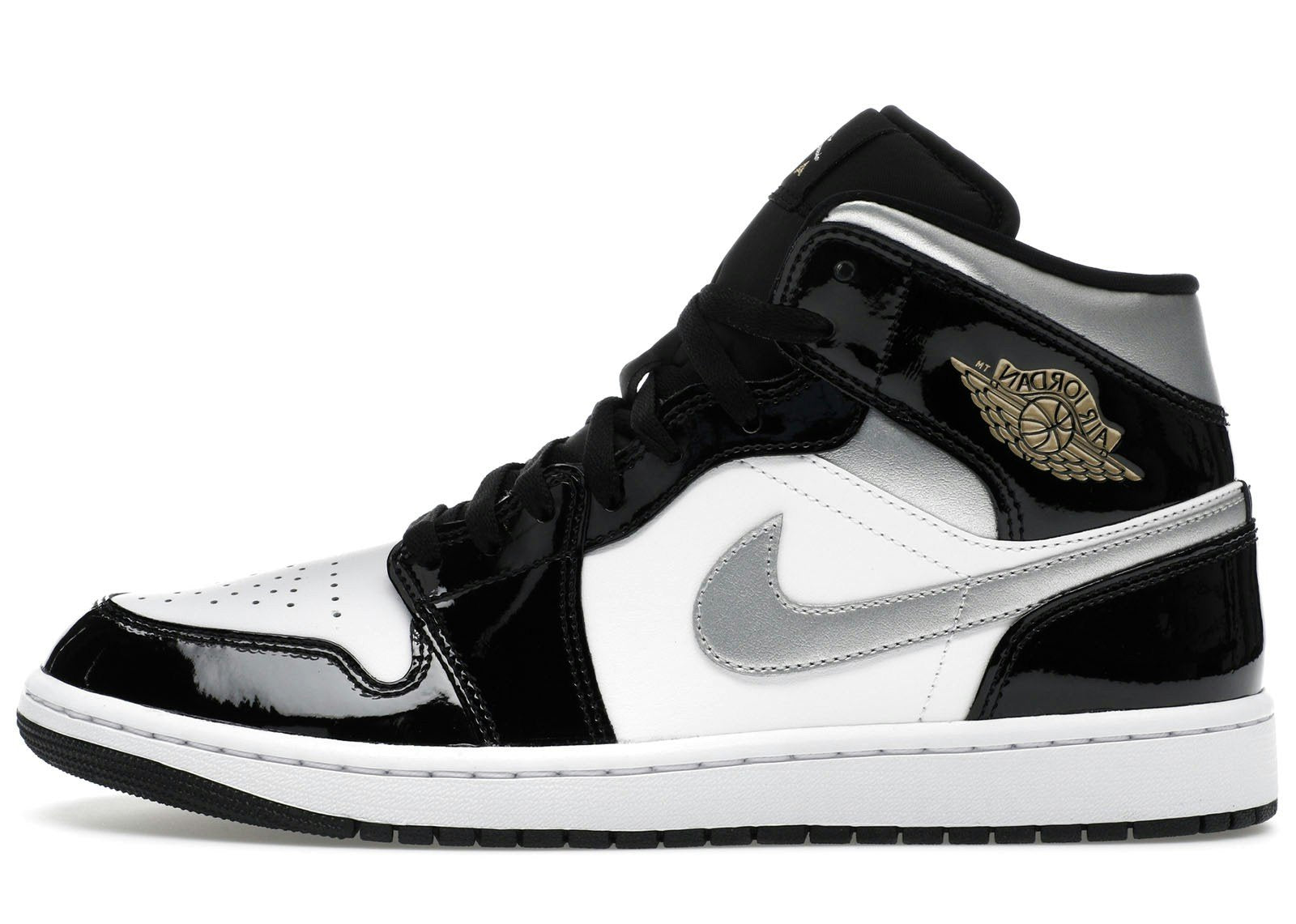 Jordan 1 Mid SE Patent Black White Metallic Silver Metallic Gold