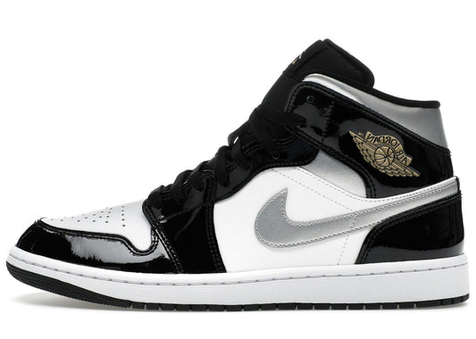 Jordan 1 Mid SE Patent Black White Metallic Silver Metallic Gold