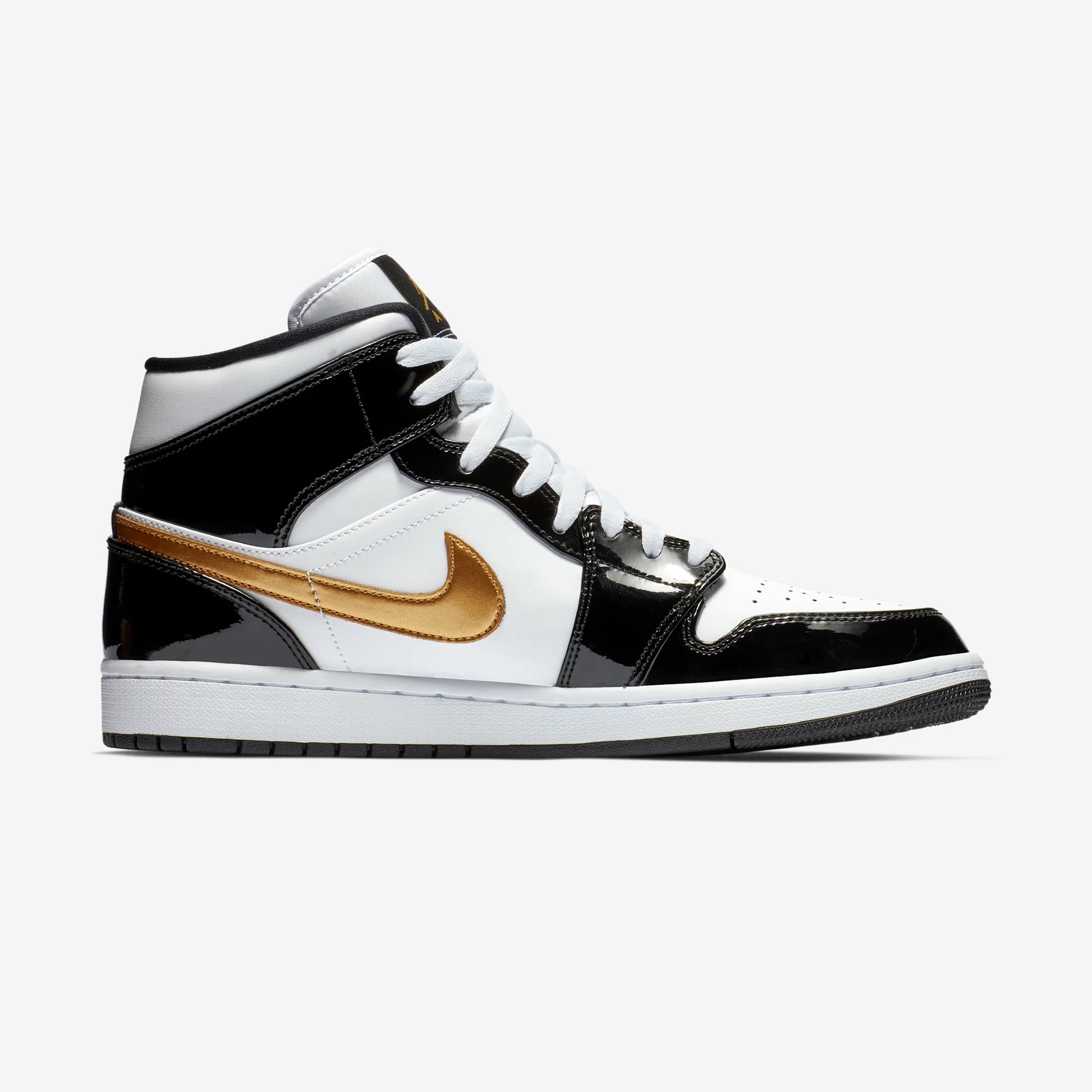 Jordan 1 Mid Patent Black White Gold