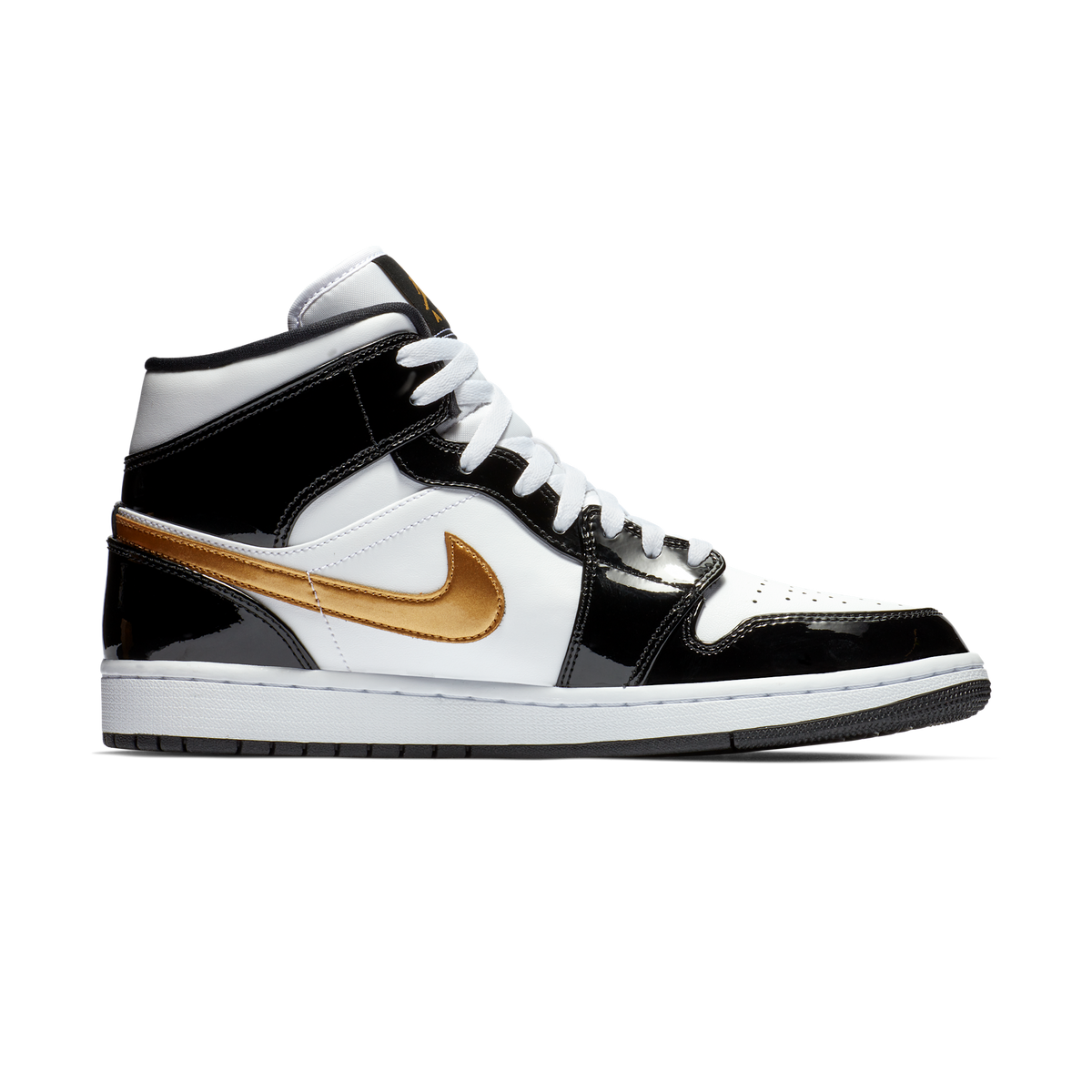 Jordan 1 Mid Patent Black White Gold