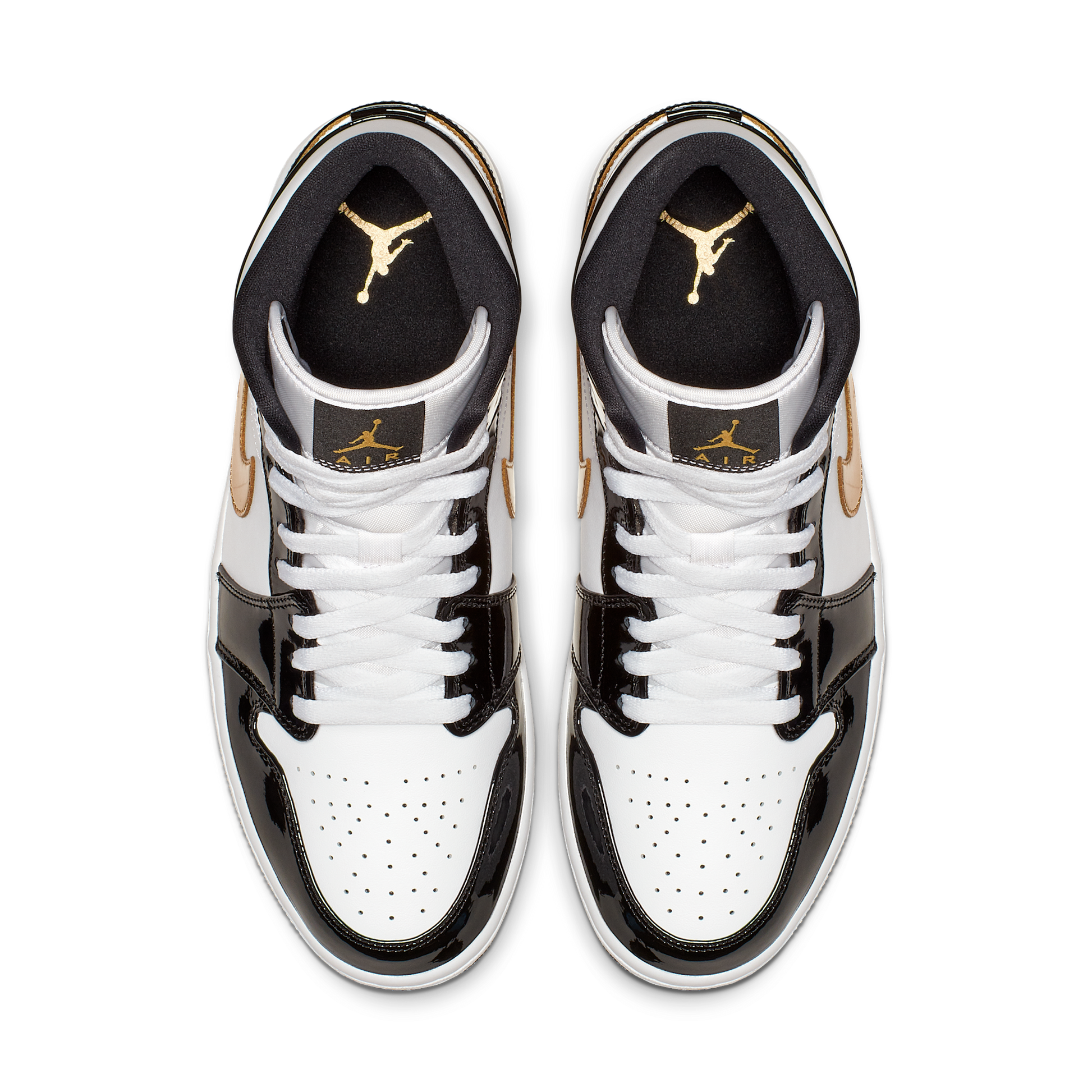 Jordan 1 Mid Patent Black White Gold