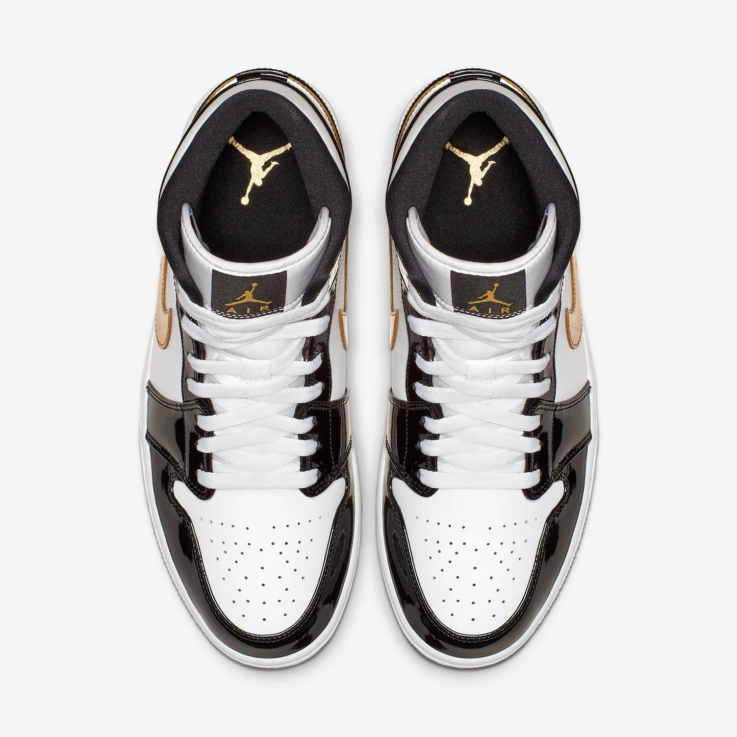Jordan 1 Mid Patent Black White Gold