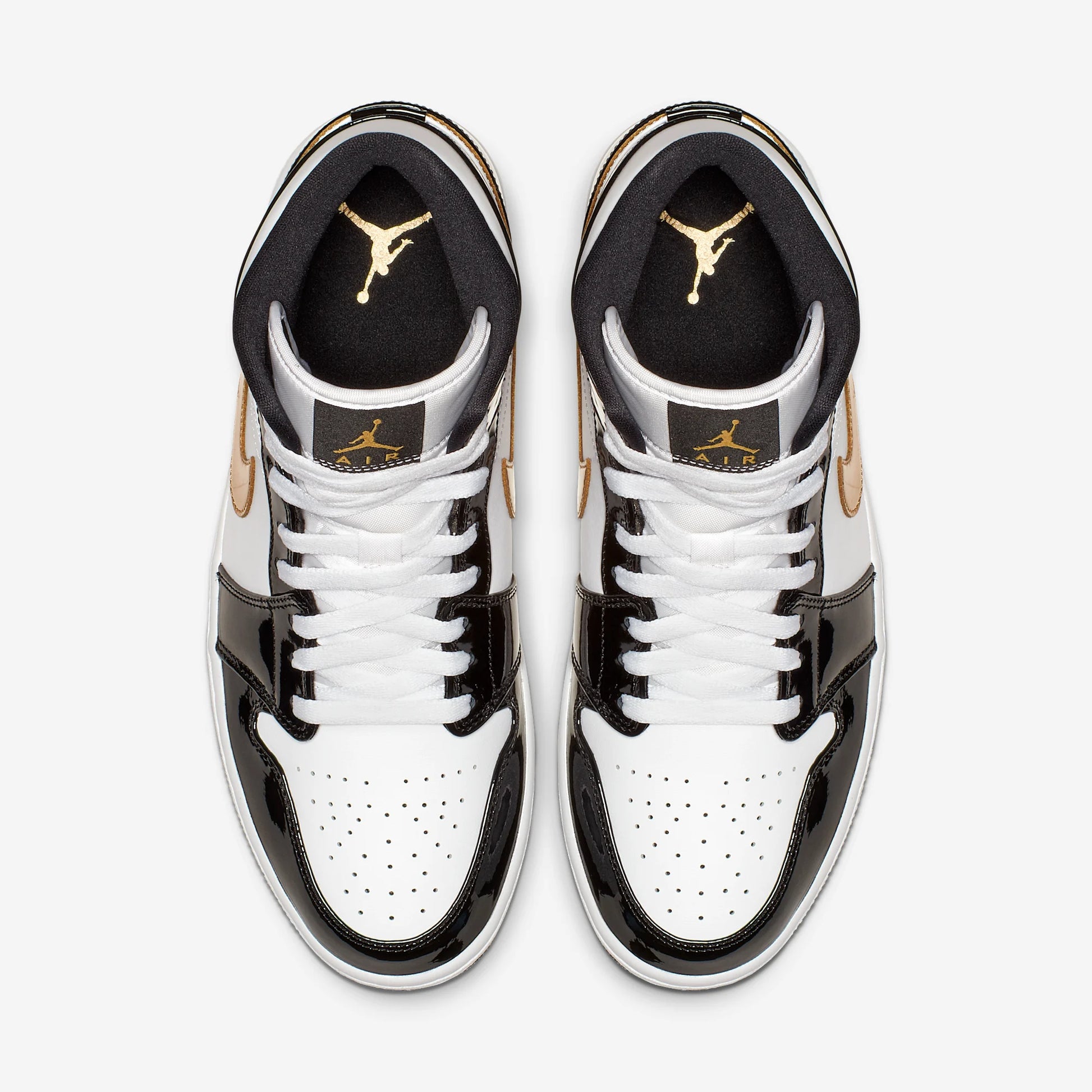 Jordan 1 Mid Patent Black White Gold