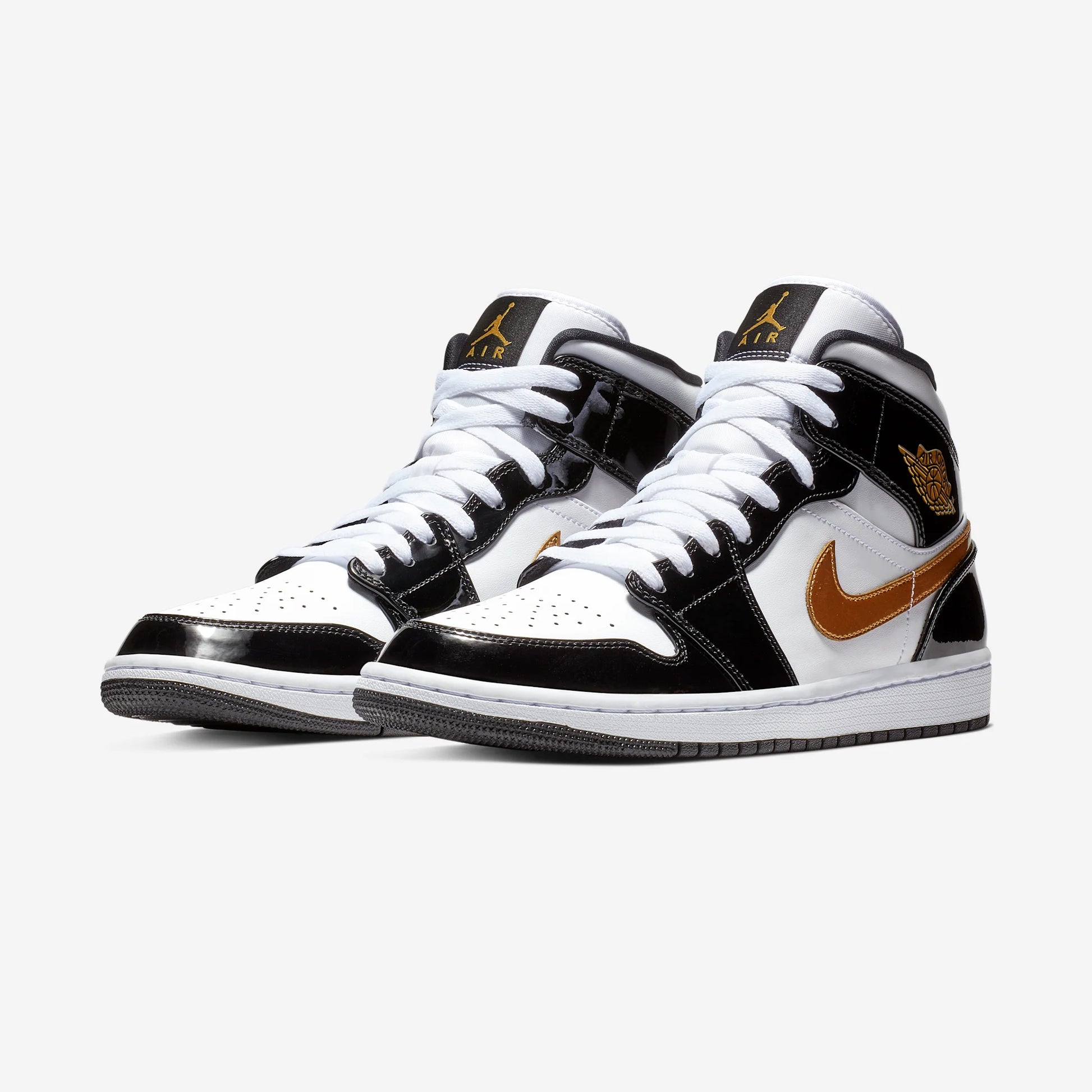 Jordan 1 Mid Patent Black White Gold