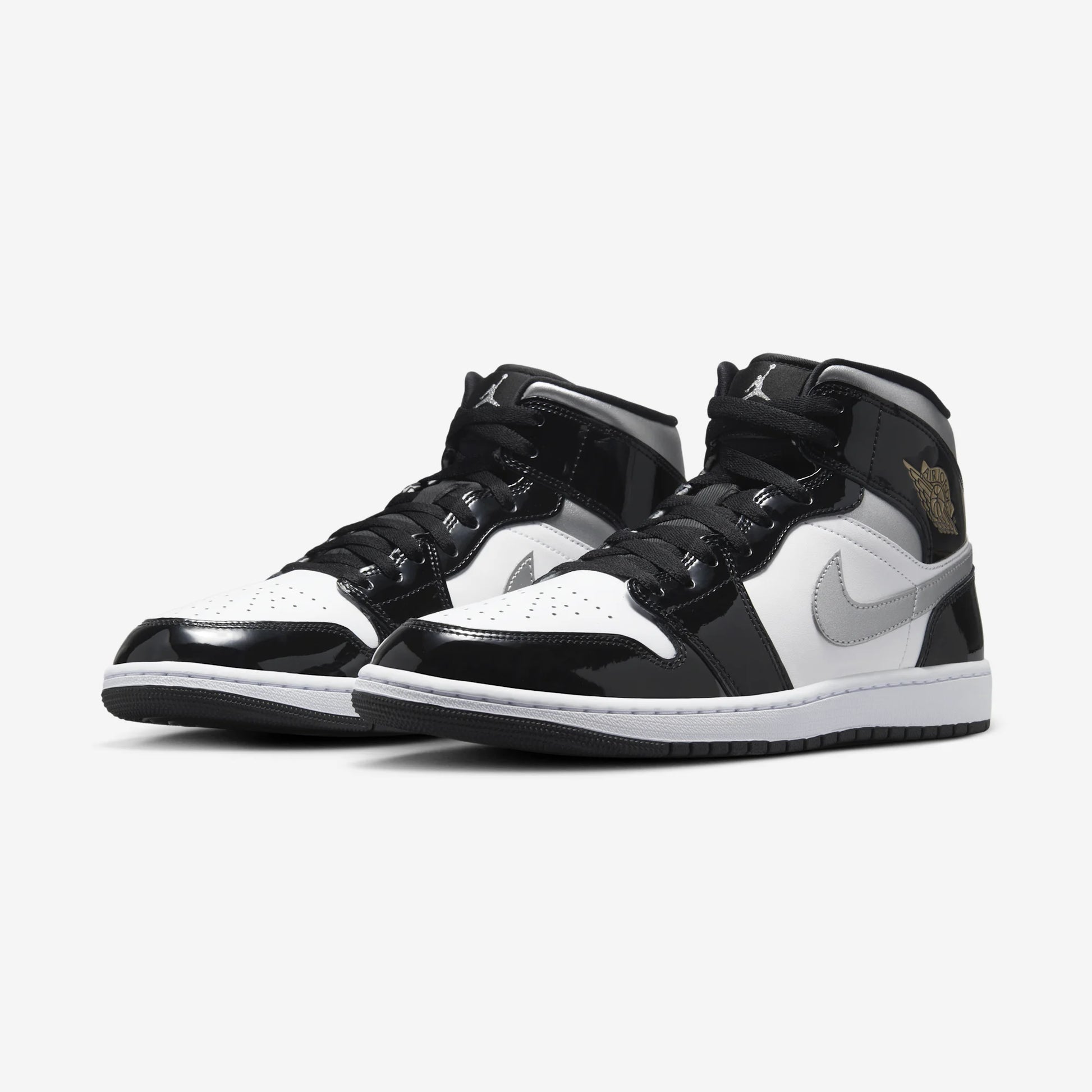 Jordan 1 Mid SE Patent Black White Metallic Silver Metallic Gold