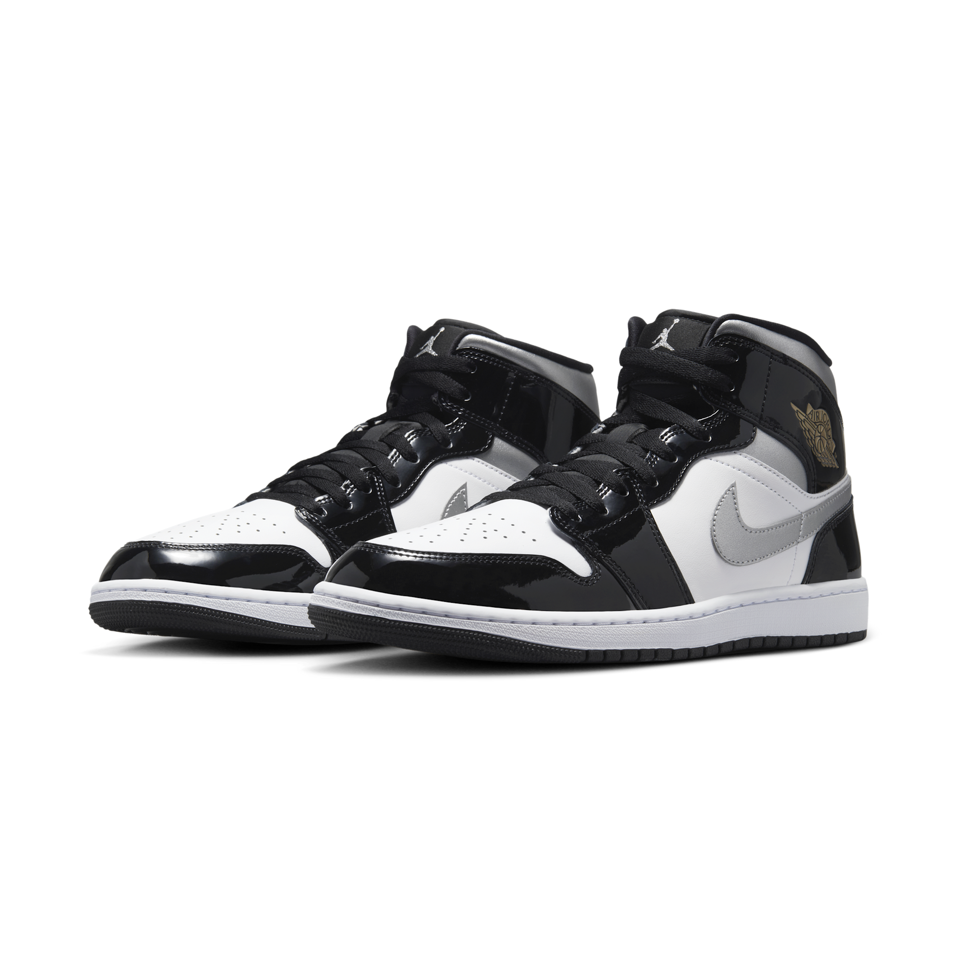 Jordan 1 Mid SE Patent Black White Metallic Silver Metallic Gold