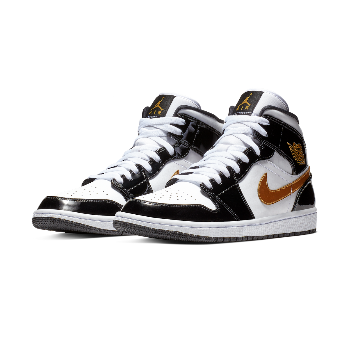 Jordan 1 Mid Patent Black White Gold