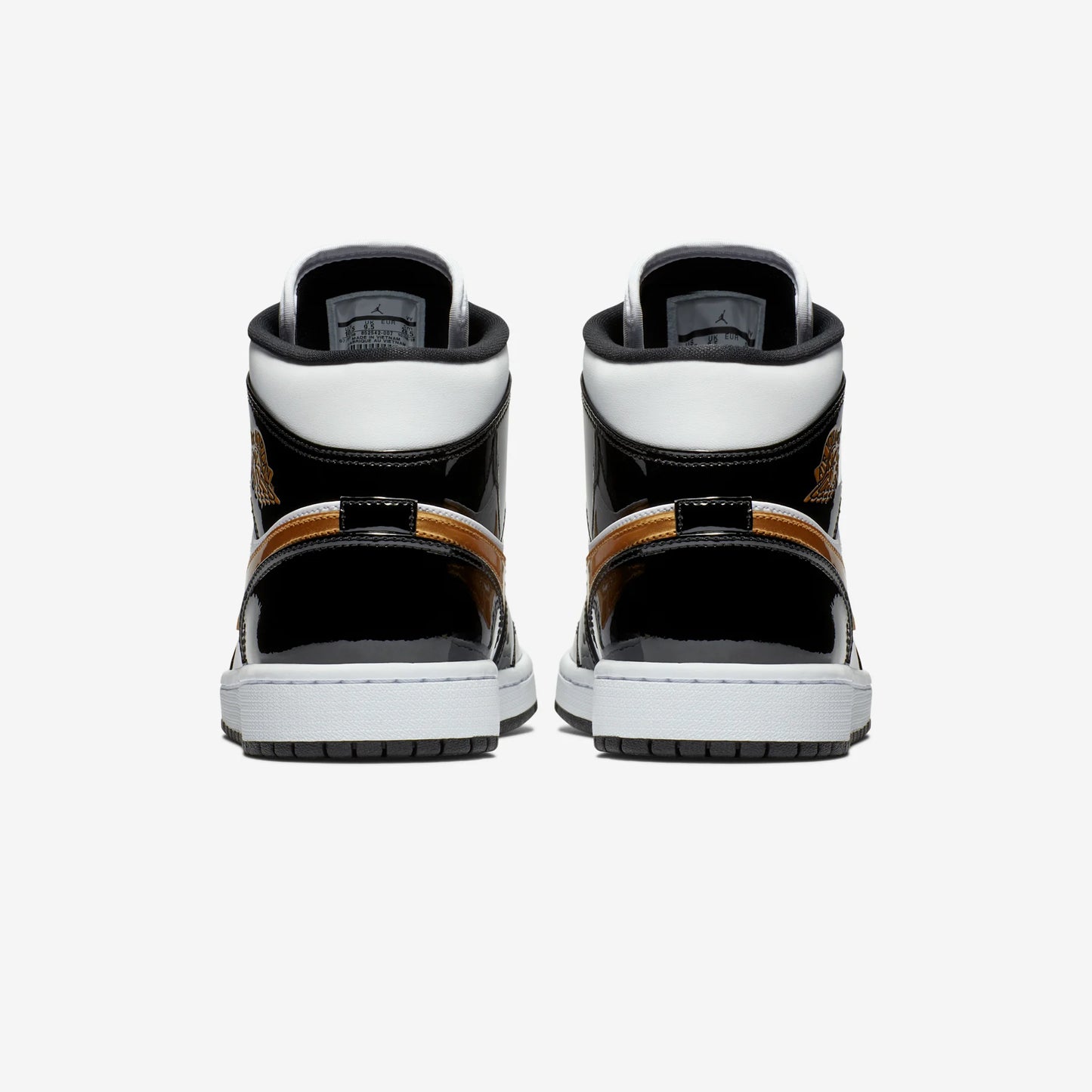 Jordan 1 Mid Patent Black White Gold