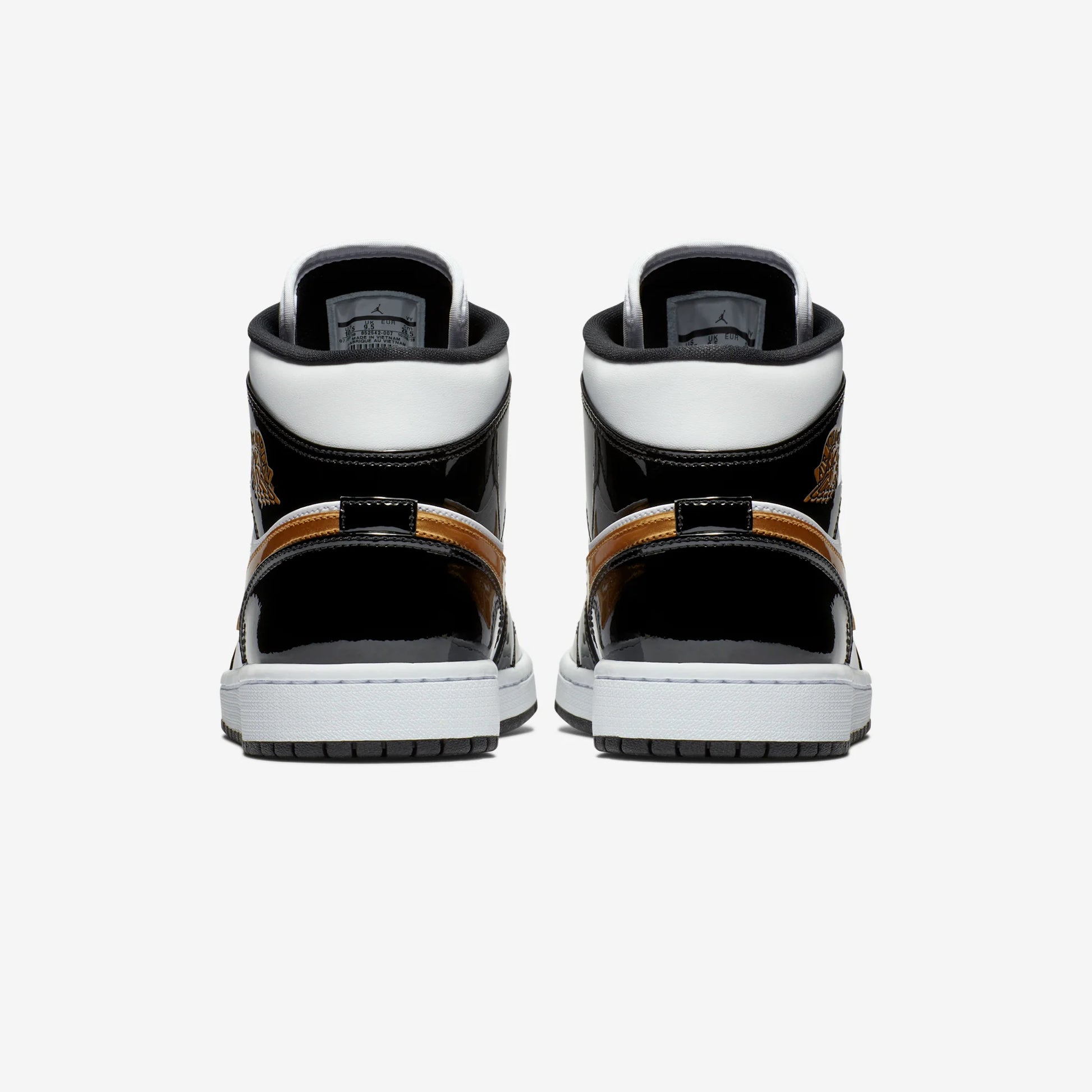 Jordan 1 Mid Patent Black White Gold