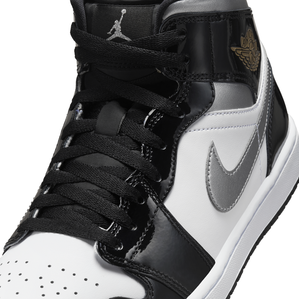 Jordan 1 Mid SE Patent Black White Metallic Silver Metallic Gold