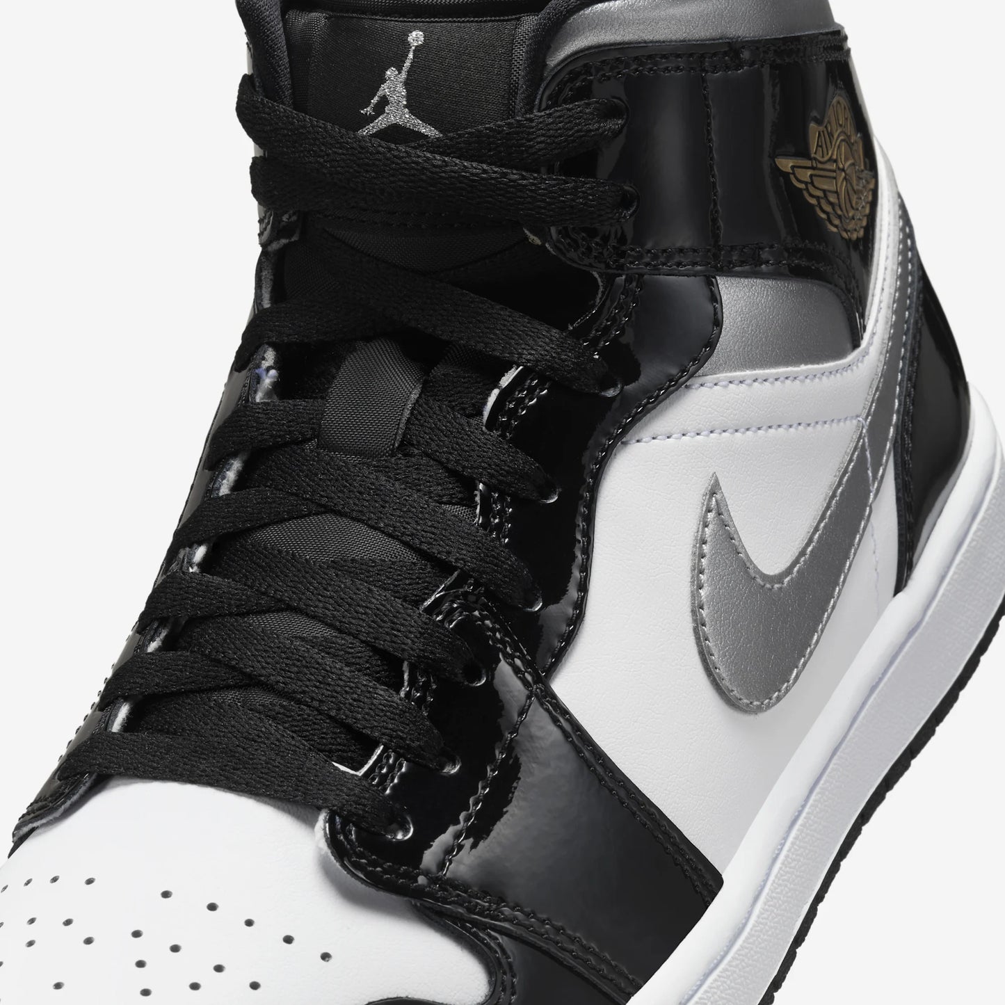 Jordan 1 Mid SE Patent Black White Metallic Silver Metallic Gold