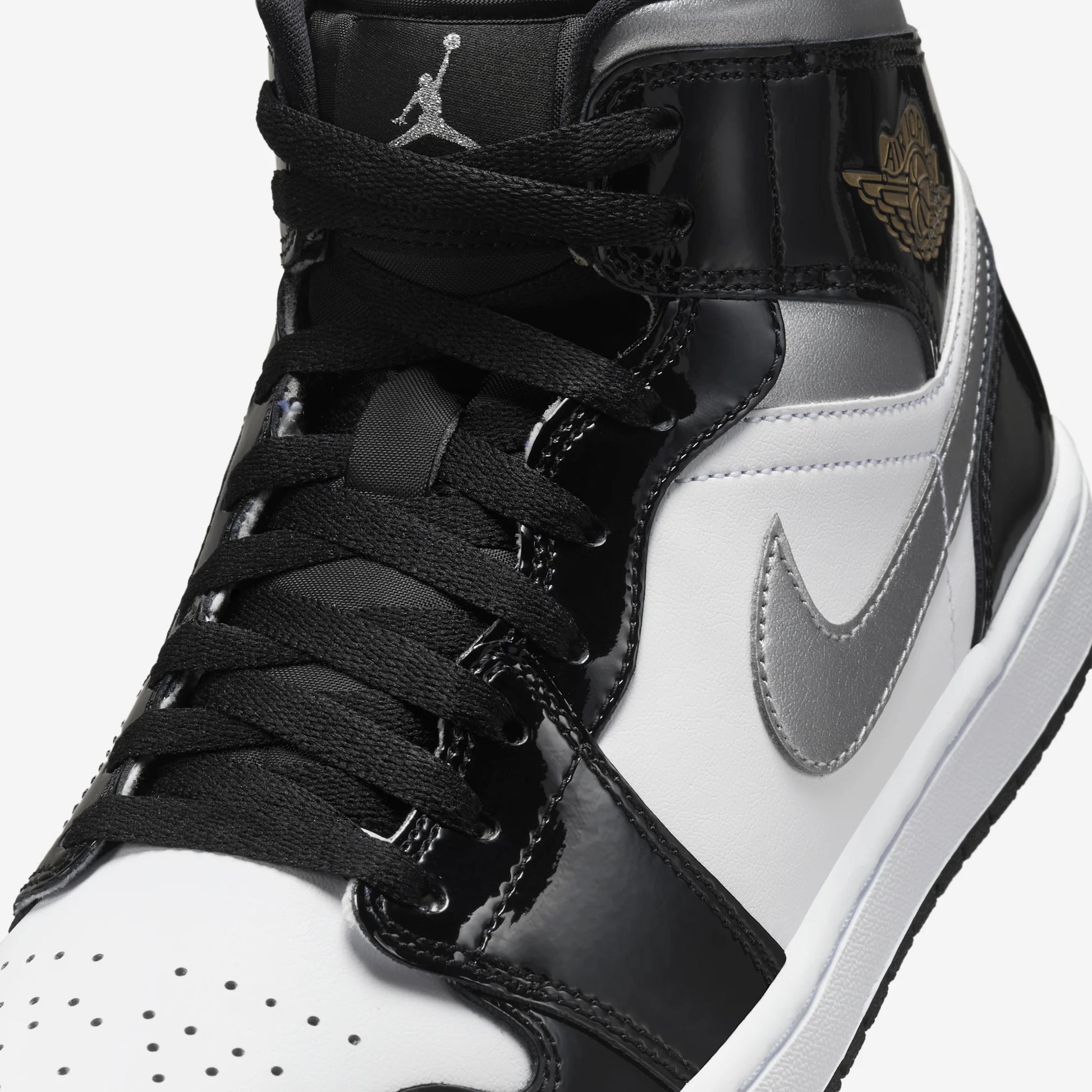 Jordan 1 Mid SE Patent Black White Metallic Silver Metallic Gold
