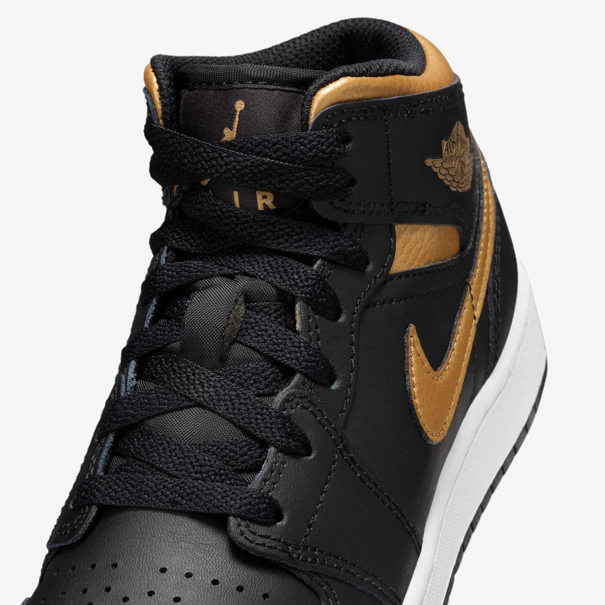 Jordan 1 Mid Black Metallic Gold Swoosh (GS)