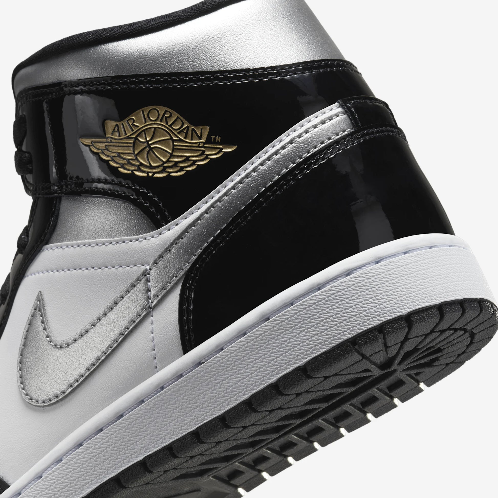 Jordan 1 Mid SE Patent Black White Metallic Silver Metallic Gold